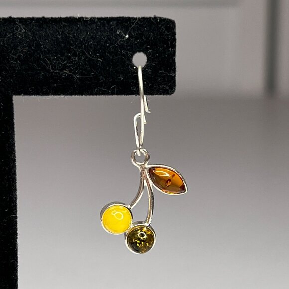 Sterling Silver 925 Amber Drop Dangle Earrings With Leaf & Round Design - Picture 5 of 14